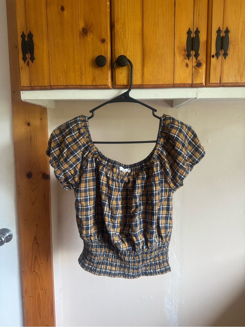 Plaid Smocked-Waist Women's Top in Navy and Mustard strip